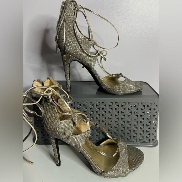 Guess Glitter Gold Gladiator Stiletto Heels Women's 8 Open Toe Party Shoes - Picture 1 of 10